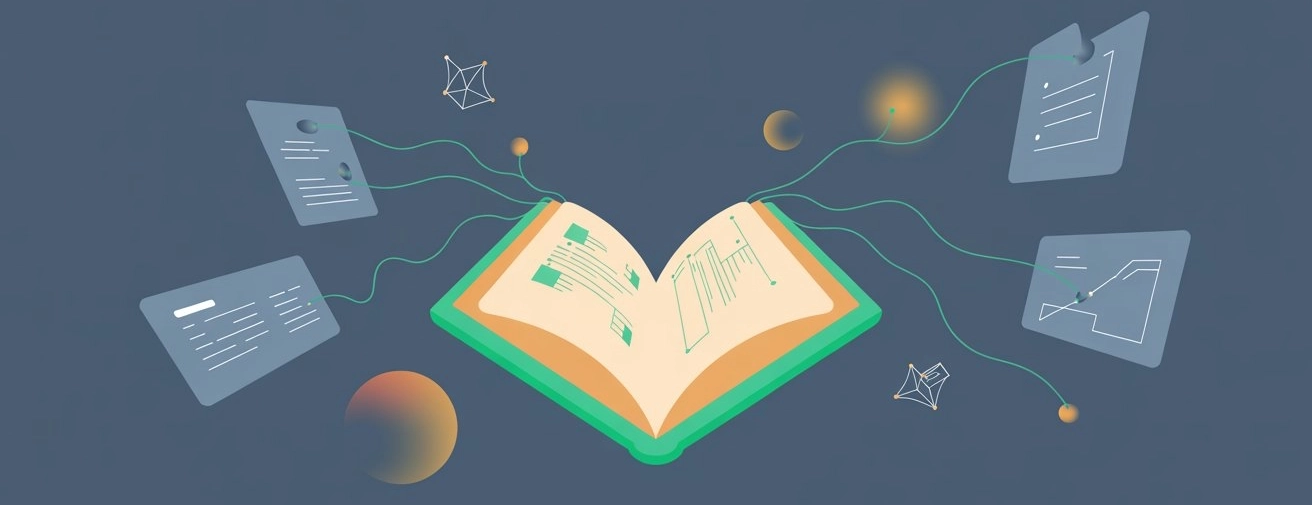 Book connecting different elements representing difital library